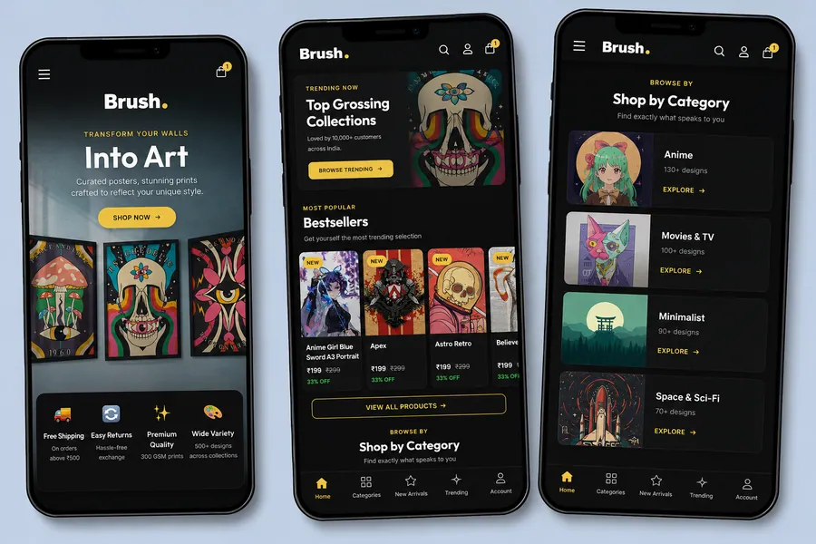 Brush mobile app preview showing poster browsing interface
