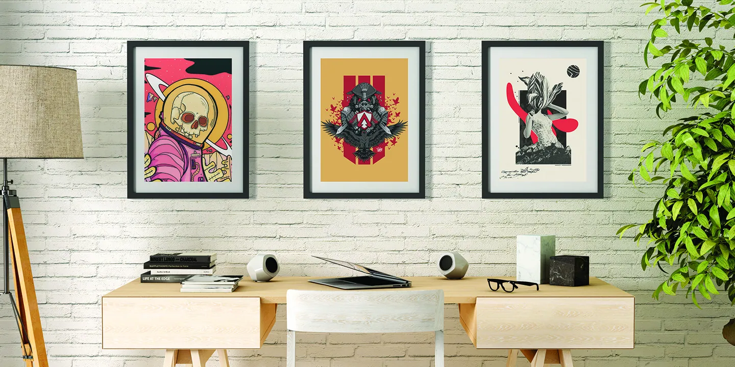 Modern art poster collection displayed on wall