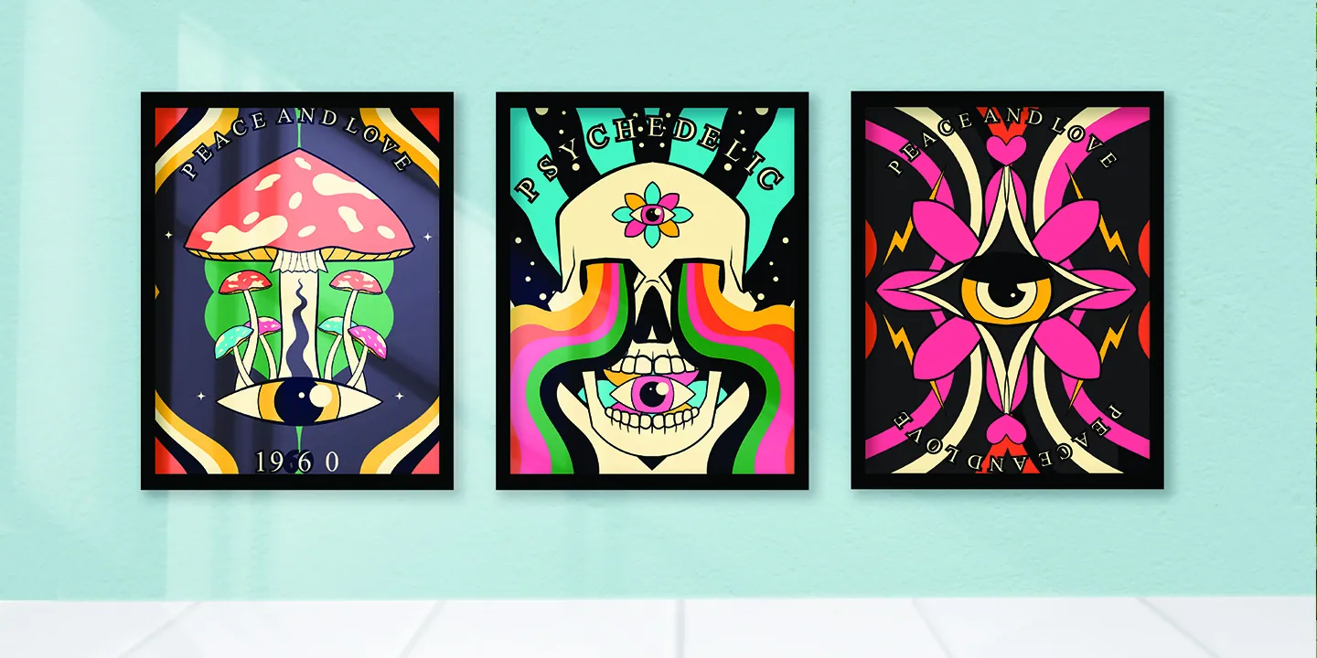 Trippy poster collection in vibrant room setup